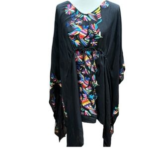 Judith March Embroidered Birds of Paradise Black Kaftan Swimsuit Coverup